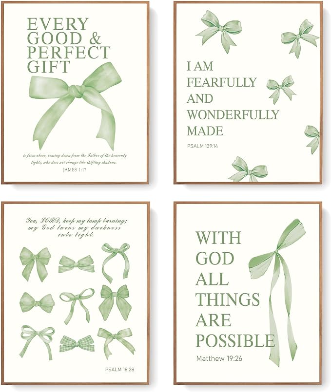 LARTSFRO Coquette Sage Green Bow Wall Art Decor Posters, Sage Green Bow Room Bedroom Bathroom Dorm Wall Art Decor Aesthetic for Teen Girls Gifts, Inspirational Bible Verses Bow Wall Decor, 10x8 Inch Set of 4 Pcs Bow Pictures (UNFRAMED)