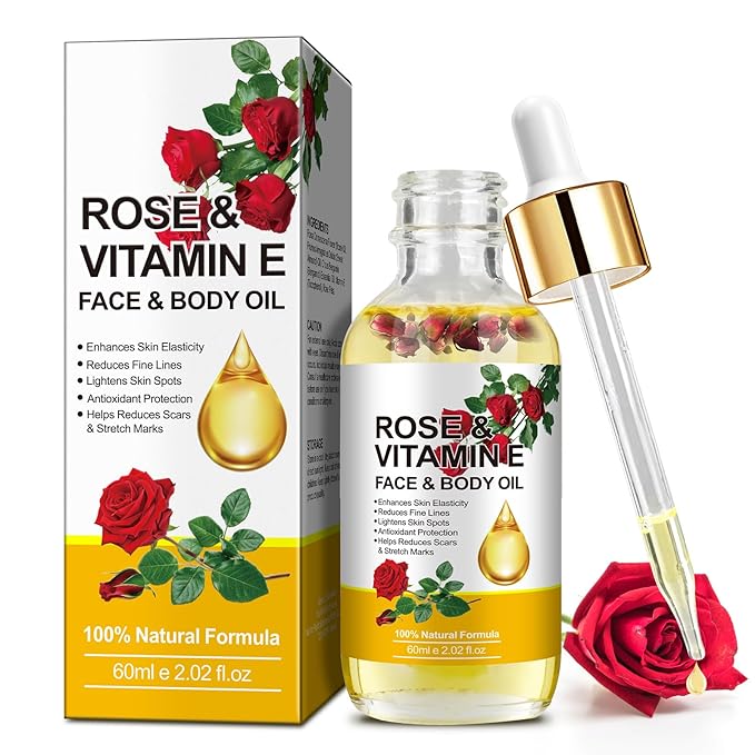 Rose Oil for Face, Rose Vitamin E Oil, Premium Vitamin E Facial Oil - Deep Hydration for Face & Body, Nourishes Dry Skin, Facial Care Support 2 Fl Oz