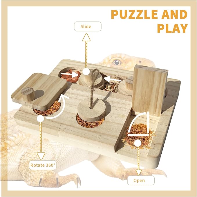 FlidRunest Bearded Dragon Feeder Puzzle, Wooden Lizard Feeding Box, Reptile Interactive Enrichment Food Feeder Training Treat Dispenser for Lizard Bearded Dragon Frog Hamster