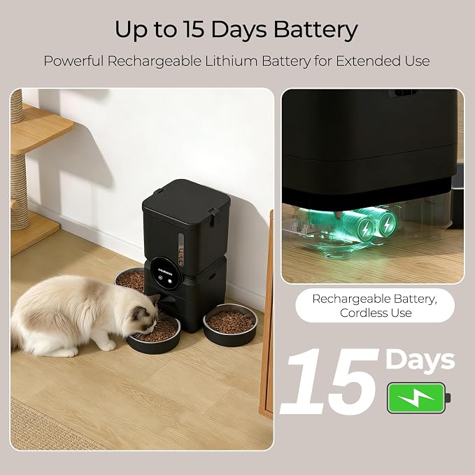 Automatic Cat Feeder for 3 Cats, 6L 5G WiFi Feeder, Slow Feed, Black | 3-bowl system with app scheduling, 15-day battery backup, stainless steel bowls, and sealed freshness protection.