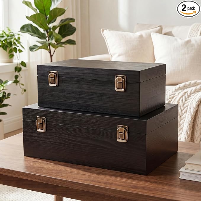 Sliner 2 Pcs Wooden Decorative Storage Boxes with Lids Vintage Wood Organizer Bins for Your Bookshelf Home Decor Safely Store Photos Documents Memory Jewelry Craft Storage (Glossy Black,S M Size)