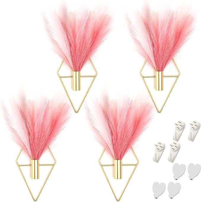 Hanaive 4 Sets Boho Wall Decor Metal Wall Art Hanging Planters with Artificial Pampas Display Modern Home Vase for Bedroom Home Office(Sweet,Bean Paste Color, Beige, Light Pink)