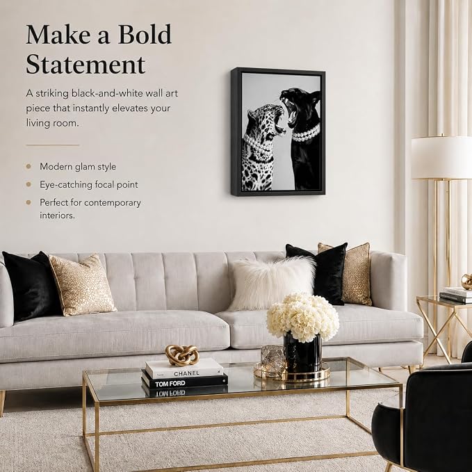 Framed Fashion Leopard Canvas Wall Art Trendy Black White Cheetah Picture Wall Decor Luxury Feminist Poster Print for Girls Bedroom Dorm Bar Cart Home Decoration 16x24in