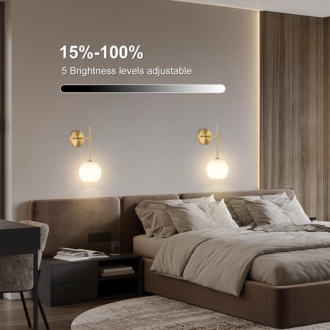 Gold Battery Operated Wall Sconces Set of 2, Rechargeable Wireless Wall Lights with Milky White Frosted Glass Shade, 12 RGB and 3CCT Dimmable, Wall Lamps with Remote for Bedroom Living Room Hallway