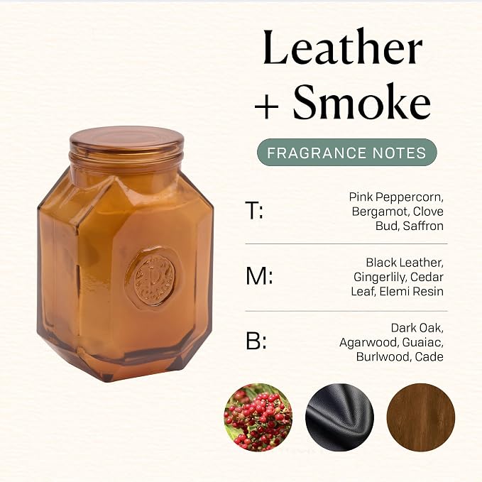 Paddywax Botanica Scented Candle with Lid in Reusable Embossed Glass Jar, Clean-Burn Soy Candle with Approx. 56 Hour Burn Time, Leather & Smoke, 8 oz