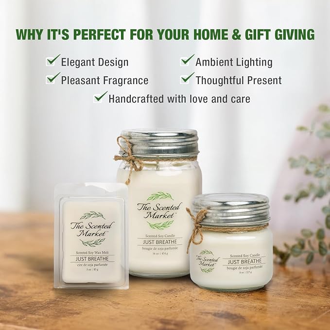 The Scented Market Aromatherapy Soy Wax Candle Just Breathe 16 oz Mason Jar, Over 100 Hours of Burn Time, Ideal for Your Home and Gift Giving.