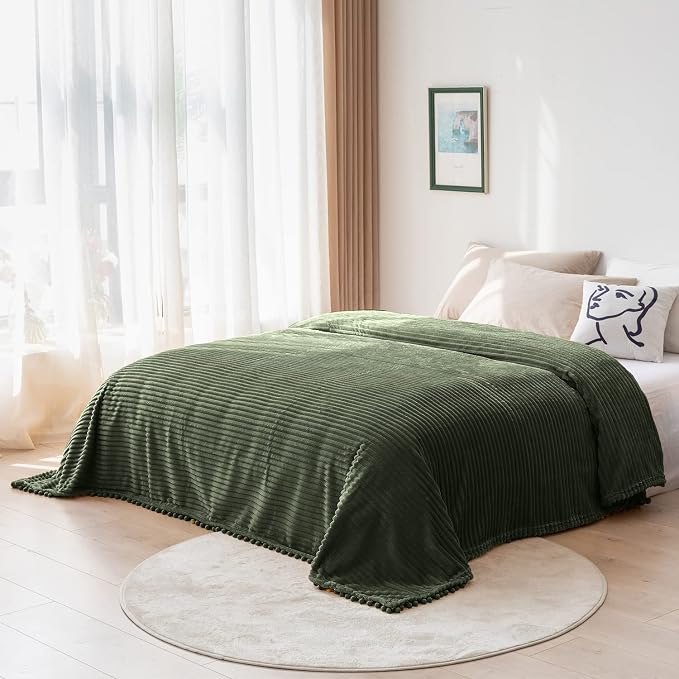 DISSA Fleece Blanket Twin Size – 60x80, Olive Green – Soft, Plush, Fluffy, Fuzzy, Warm, Cozy – Perfect Throw for Couch, Bed, Sofa - with Pompom Fringe - Flannel Blanket Throw Blanket