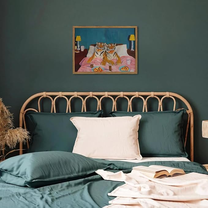 Framed Funny Tiger Wall Art, Eclectic Tigers Eating Pizza in Bed Pictures Wall Decor, Whimsical Animal Paintings Canvas Prints Humor Home Decor for Living Room Bedroom Office 16x24 inch
