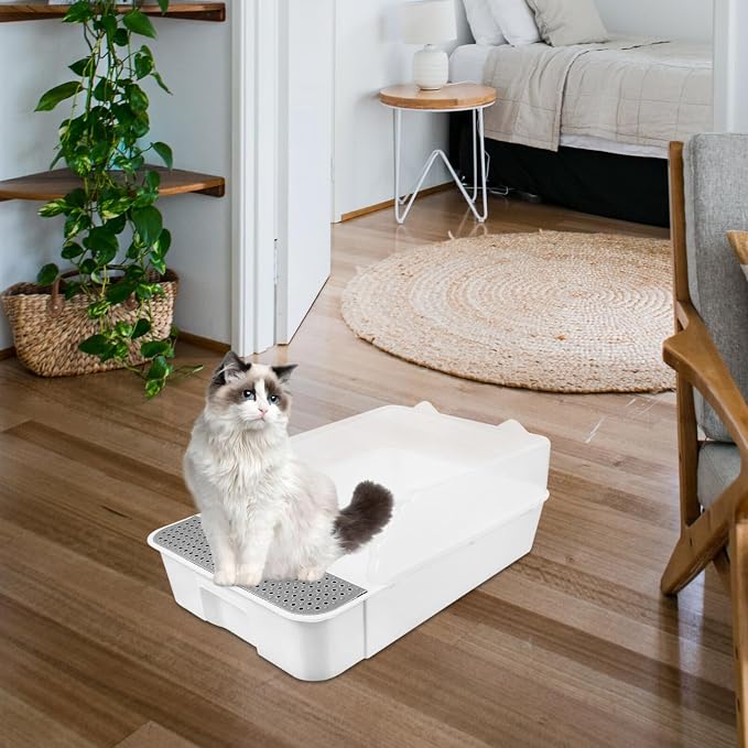 Detachable Semi-Enclosed Cat Litter Box Splash-Resistant Small White Cat Toilet Pan for Indoor Kitten Training and Litter Housebreaking