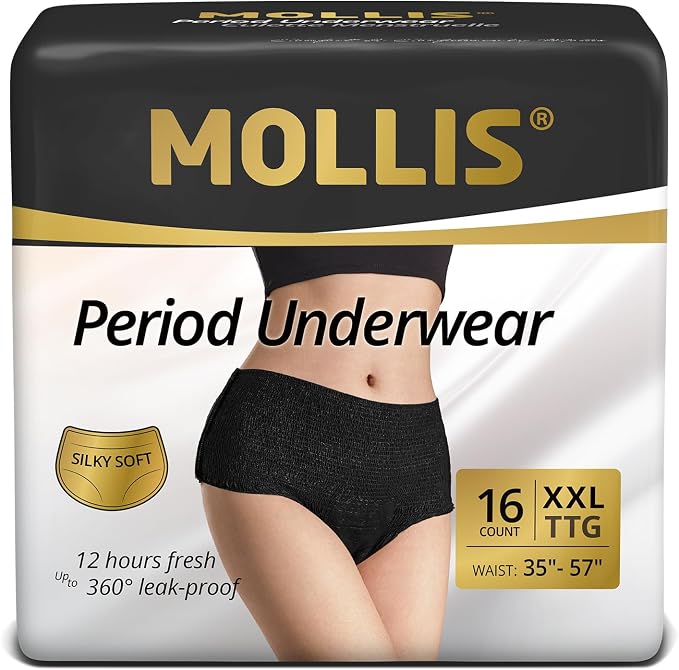 MOLLIS Disposable Period Underwear for Women, Postpartum Panties, Maternity Knickers Heavy Flow Leak Proof, Unscented, Black, XXLarge, 16 Count