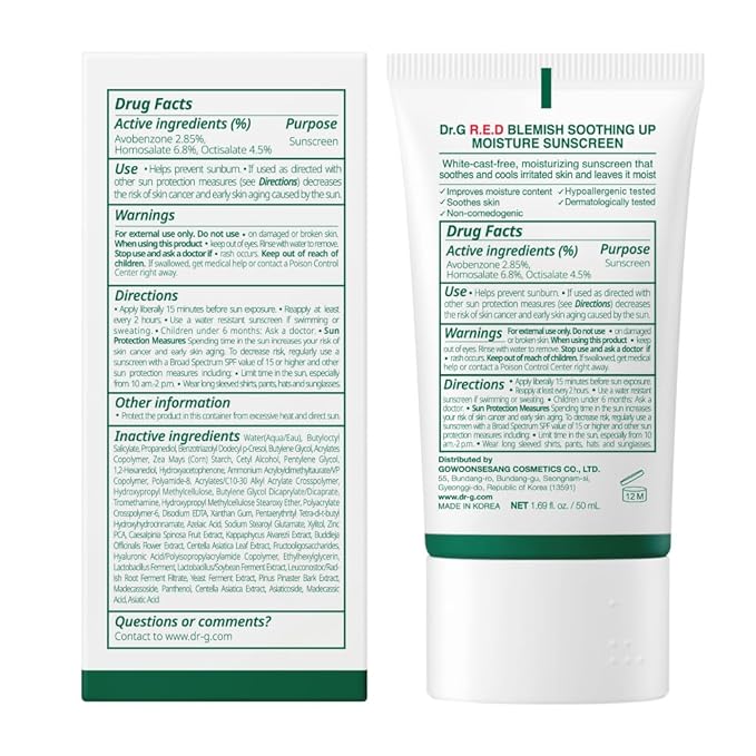 Dr. G R.E.D. Blemish Soothing Up Moisture Sunscreen - Korean Sunscreen with No White Cast - Broad Spectrum SPF for Sensitive Skin - Non-Greasy - With Hyaluronic & Azelaic Acid - 1.69 fl oz