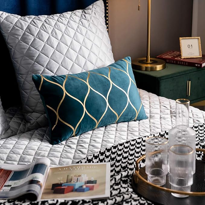 12x20 Inch Gold Velvet Throw Pillow Covers: 2 Pack Rectangular Decorative Pillow Cases for Bedroom Sofa Couch Living Room, Teal Christmas