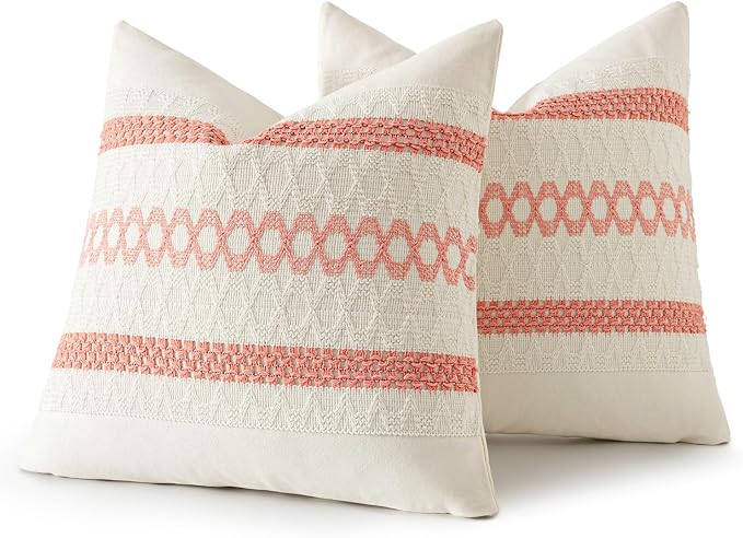 MIULEE Set of 2 Coral Red Boho Decorative Pillow Covers 18x18 Inch | Farmhouse Couch Throw Pillows Modern Spring Cotton Cushion CoversMacrame Woven Home Decor for Bed Sofa Chair