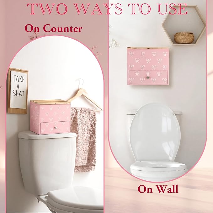 Pink Bow Tampon Holder for Bathroom Wood Feminine Product Organizer with Drawer and Lid Pad and Tampon Organizer Bathroom Accessories Storage Box for Pink Bow Washroom Period Box