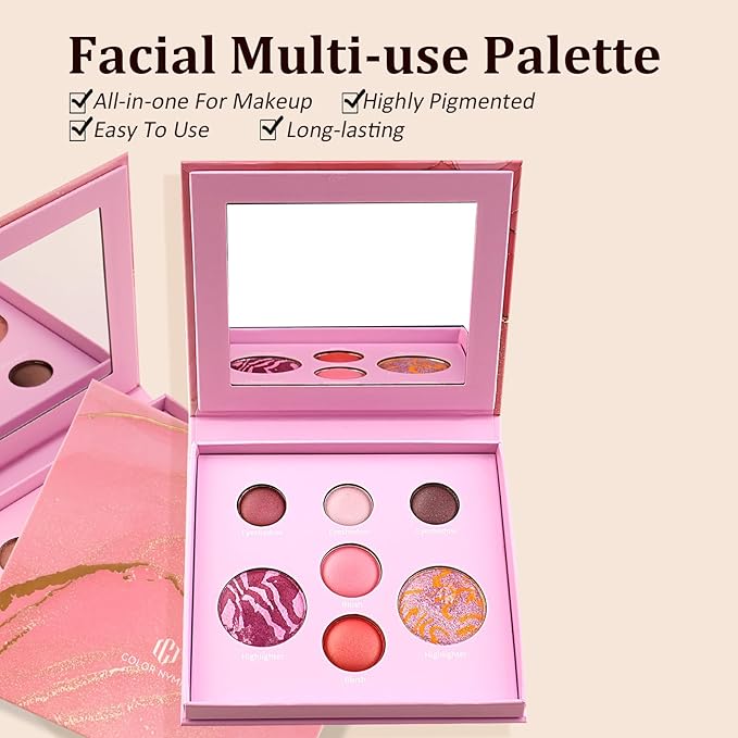 Color Nymph Face Makeup Palette, Glow & Matte Baked Trio Palettes -Highlighters, Blushes, Eyeshadows Fit for All Skin Tones Travel-Friendly Highly Pigmented Silky Smooth, Easy to Blend - B