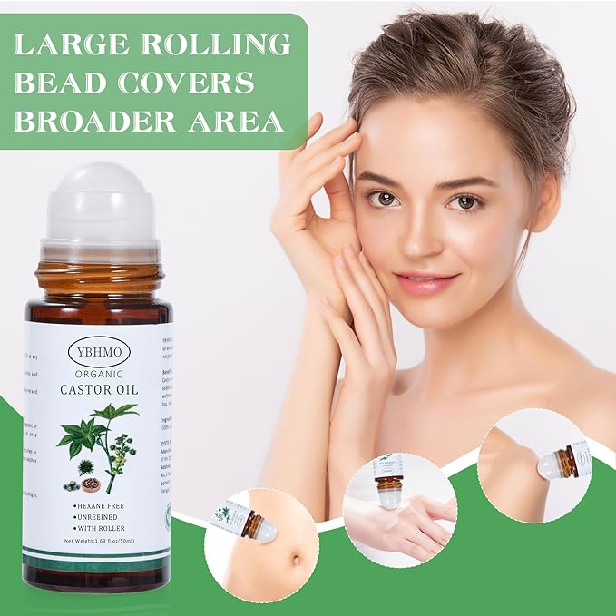 Organic Castor Oil Roll-On Glass Bottle - Cold-Pressed Hexane-Free, Certified Pure Castor Oil for Skin Care and Hair Care - 1.69 fl.oz