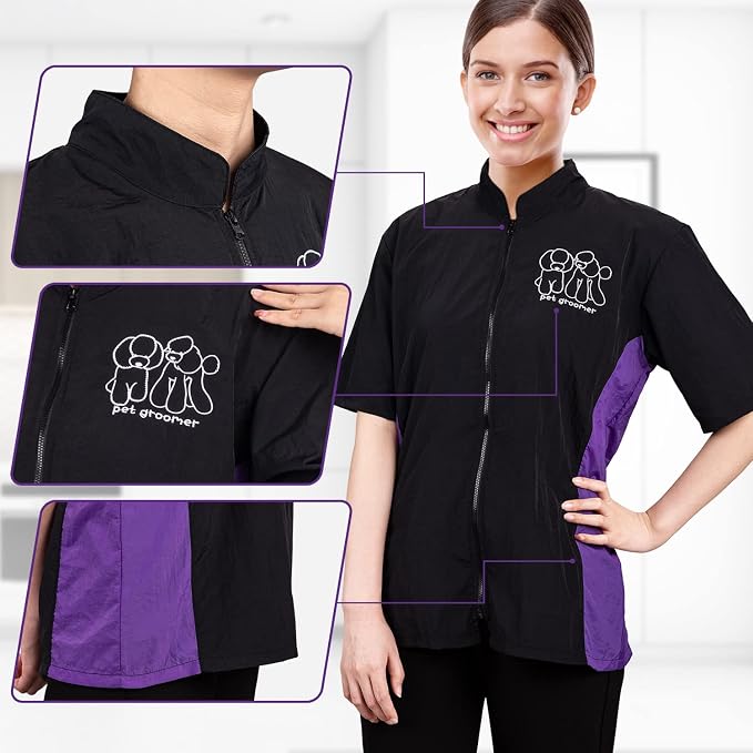 Short Sleeve Pet Grooming Jacket for Groomers, XL Size, Full Zipper | Anti-Static & Splash Proof Pet Beautician Uniforms, Hair Repellent Smock & Trousers for Professional Dog Cat Grooming Salon