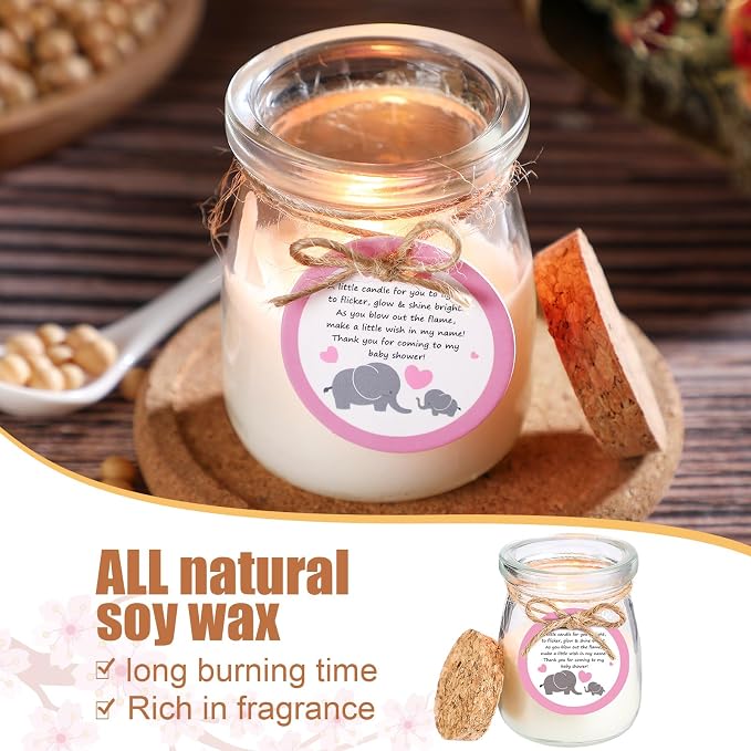 Threlaco 20 Pcs Elephant Baby Shower Favors Party Candle Lavender Scented Glass Mason Jar Wax Candle Bulk for Guests Girl Boy Gender Reveal Party Gifts(Pink)