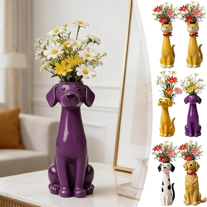 Quirky Dog Vase, Whimsical Boho Dog Flower Vase, Handcrafted Resin Decorative Dog Vases for Small Flowers, Funny Animal Resin Vases, Cute Puppy Planter for Desk Shelf, Boho Home Office Decor