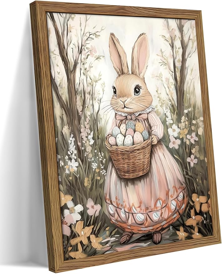 Framed Easter Bunny Canvas Wall Art, Rabbit & Egg Basket Poster Prints, Farmhouse Style Holiday Wall Decor, Vintage Rustic Home Artwork for Kids Room Bedroom Living Room 12x16 inch