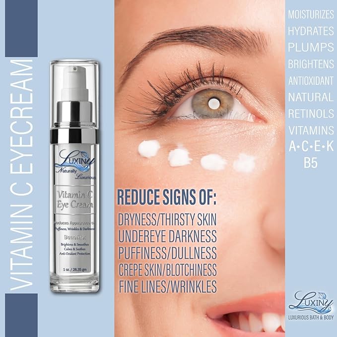 Luxiny Vitamin C Under Eye Cream for Dark Circles and Puffiness, Anti Aging, Enriched Retinol Eye Cream to Reduce Eye Bags, Fine Line and Wrinkles with Aloe Vera & Cocoa Butter, 1oz.