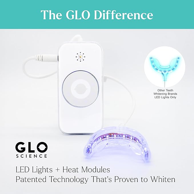 GLO Science So Brilliant Tooth Whitener Set – Unique Heat Technology for Fast, Sensitivity Free Teeth Whitening – Patented Mouthpiece with LED Light, Gel Pods with 6% HP, Lip Balm, & Travel Case