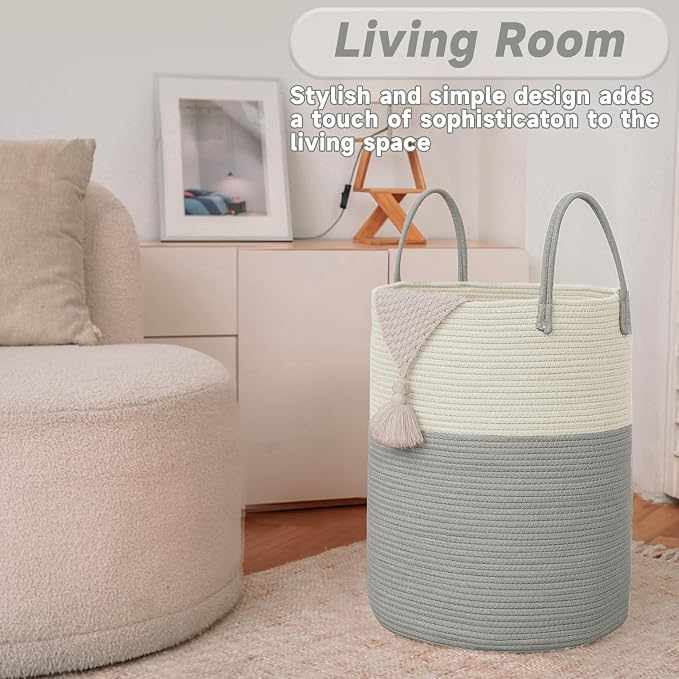 JMvicyroam 80L Cotton Rope Laundry Basket Hamper, White and Grey | Collapsible laundry basket, reinforced handles, freestanding, machine washable, holds 3-5 thick blankets, clothes or toys