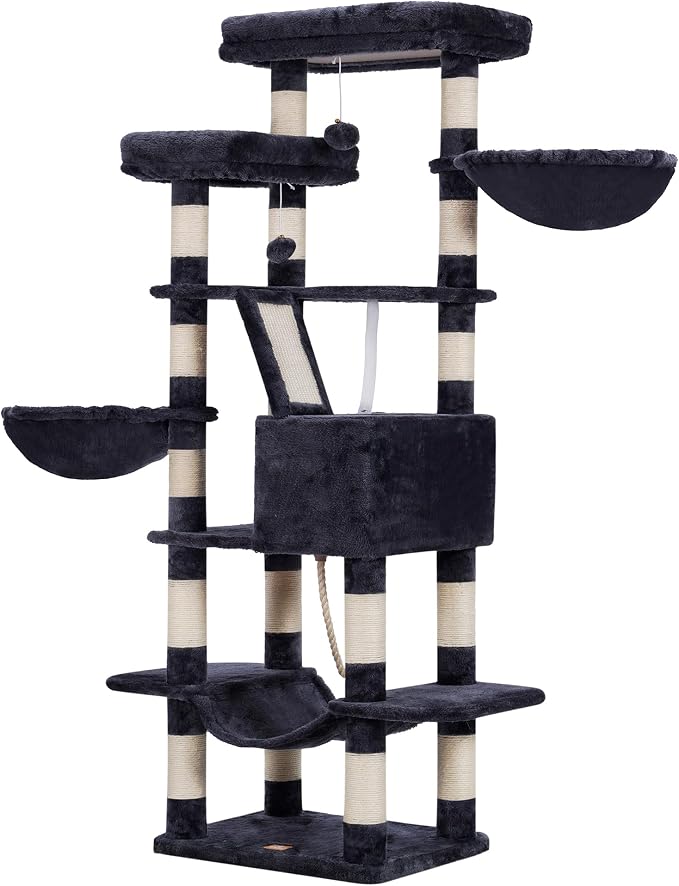 Heybly Cat Tree, 68 inch Multi-Level Cat Tower for Indoor Cats HCT025G | Cat Condo with 2 Widened Plush Perches, 2 Cozy Baskets, Scratching Board and Big Caves, Smoky Gray