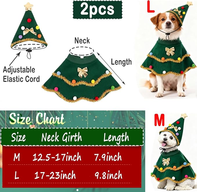 Large Dog Christmas Costumes Green Xmas Pet Cloak 2PCS Santa Cape Hat Christmas Tree Outfit Winter Warm Coat Pet Elf Clothes for Medium Large Dogs Holiday Party Dress (Christmas Tress Green, Medium)