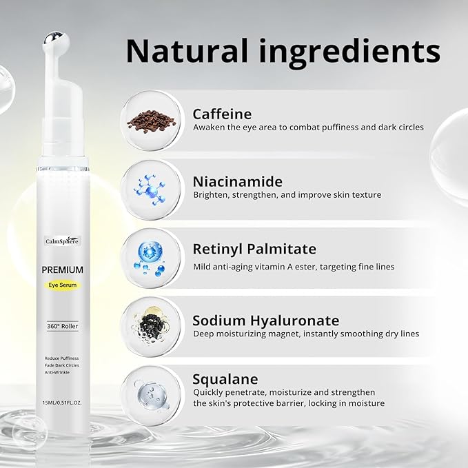 Premium Eye Serum with 360° Roller, Reduce Puffiness, Fade Dark Circles, Anti-Wrinkle, 15ML/0.51FL.OZ