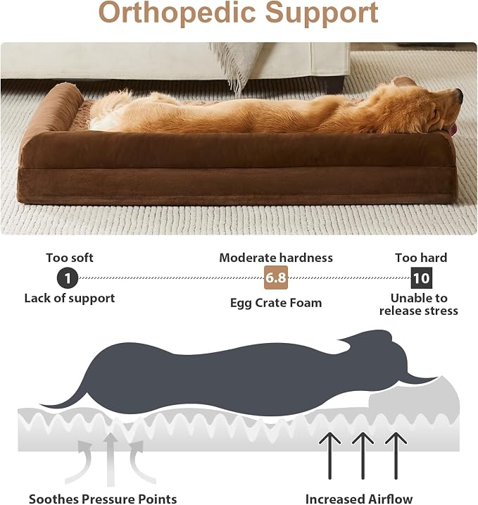 BFPETHOME Orthopedic Washable XLarge Dog Bed for Senior Dog Cozy Sleep | Extra Large Waterproof Big Soft Pet Couch Bed for Dogs Relax with Removable Cover Supportive Egg Crate Foam Brown 42x30 Inch