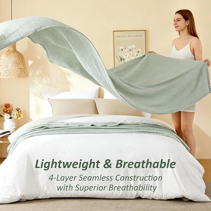 EMME Cotton Muslin Twin XL Blanket Breathable Gauze Soft Lightweight Blankets Adults Gifts for Women (Heather Sage Green, 66"x90")
