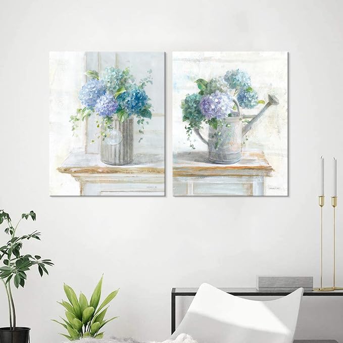 Blue Hydrangea Bathroom Wall Art 2 pcs Farmhouse Rustic Flower Art Botanical Floral Posters Paintings Framed Artwork for Dining Room kitchen Bedroom Living Room 12"x16"