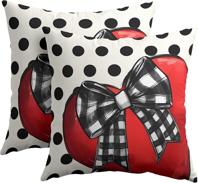 Kawani Valentines Throw Pillow Covers Set of 2, 22x22 Inch Polka Dots Red Love Heart Romantic Decorative Cotton Linen Couple Pillowcases for Couch Sofa Bedroom Livingroom Wedding Decor