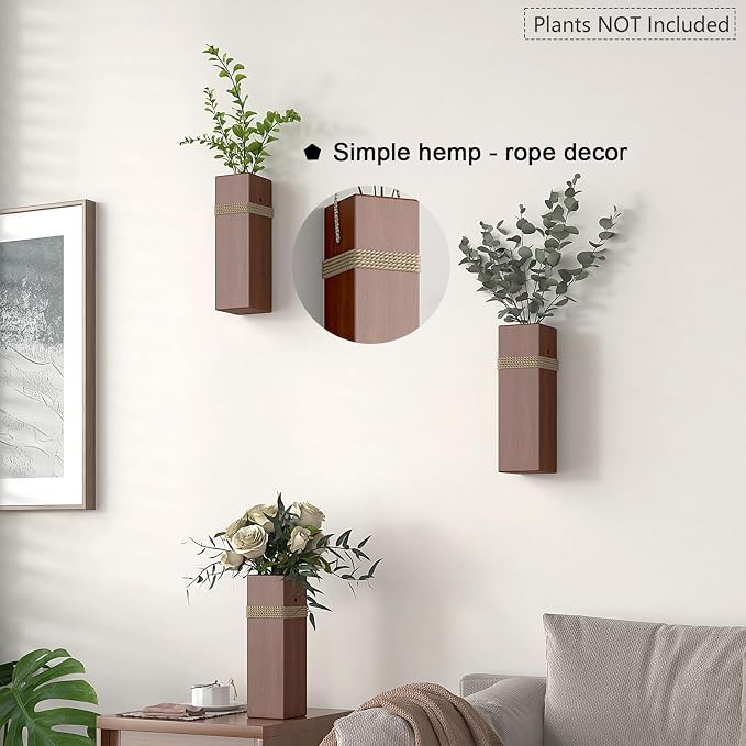 Wall Mount Wood Vase, Rope | Living Room, Modern Wood Planter Art Decor, For Fake Plants Greenery Flowers, Farmhouse Style, Multi-Room Use