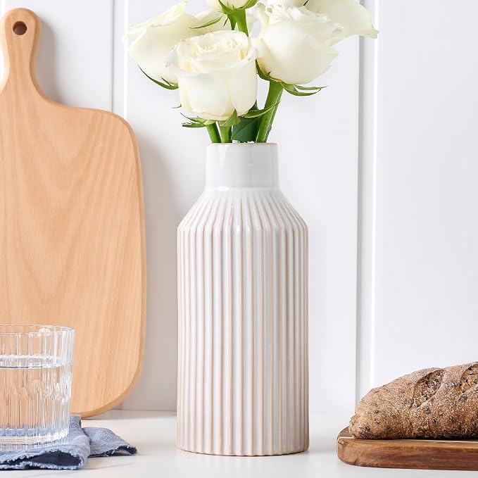 STHIE 8 Inches Ceramic Flower Vase, White Vases for Centerpieces | Flambé Reactive Glaze,Minimalist Modern Home Decor, Pampas Grass Vase for Table, Fireplace, Shelf, Mantel, Entryway