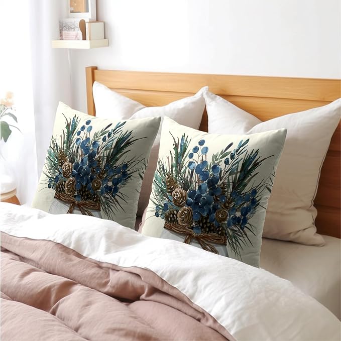 Kawani Pinecone Branch Throw Pillow Covers 22x22 Set of 2 Brown Blue Pine Needle Jar Farmhouse Decorative Pillow Cases Cotton Linen Cushion Cover for Sofa Couch Outdoor Home Decor