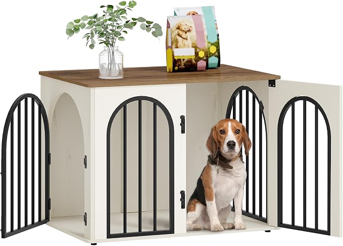 Hzuaneri 31.5'' Dog Crate Furniture,Dog Kennel Indoor for Small/Medium Dogs | Dog Kennel Furniture Wooden Dog Cage Heavy Duty Dog Crate Decorative Pet House End Side Table TV Stand,White Brown DFC85114B