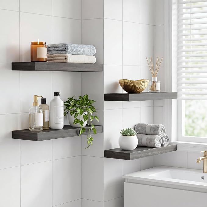 Fixwal Floating Shelves for Wall Decor (Grey, Set of 4, 15.7 Inch) | MDF Shelves with Metal Brackets, Space Saving for Books, Decor, Works in Bathroom, Kitchen, Living Room, Bedroom