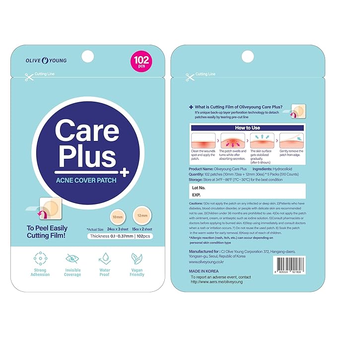 OLIVE YOUNG Care Plus Spot Patch | Hydrocolloid Acne Korean Spot Patch to Cover Zits, Pimples and Blemishes, for Troubled Skin and Face (510 count (Pack of 5))