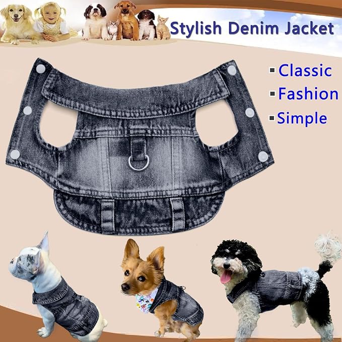 Dog Jean Jacket,Black Denim Vest for Small Pet,Cute Clothes with D-Ring | Soft Washed Cotton Denim Costume,Cool Apparel Dress Shirt for Puppy,Classic Coat Outfit for Small Dogs Cats Boy Girl