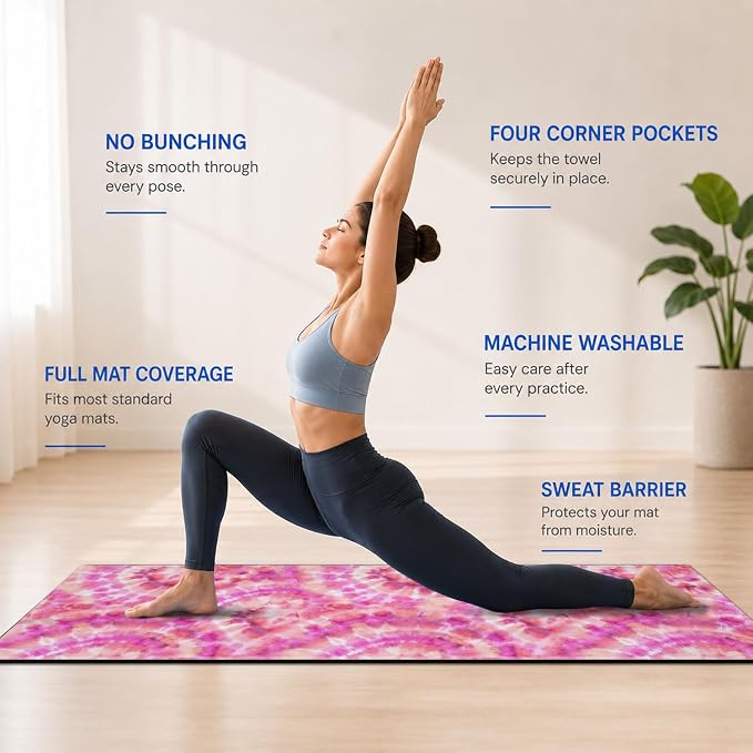 Yoga Mat Towel, Hot Yoga Non Slip with 4 Corner Pockets, 74 x 26 in | Soft Absorbent Microfiber With Four Corner Pockets, Fits Over Yoga Mats For Hot Yoga, Pilates, Gym, And Travel