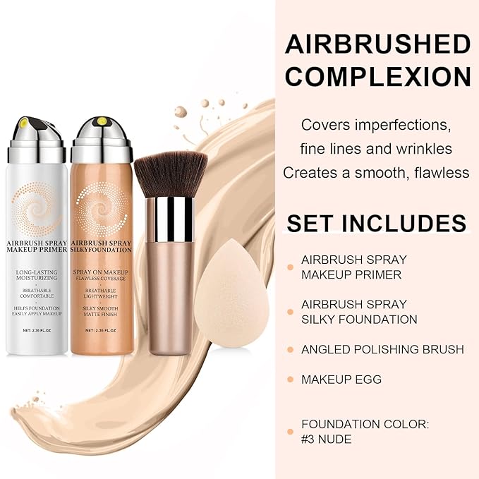 AirBrush Foundation Spray With Airbrush Primer, Silky Mist Foundation Spray Makeup, Full Coverage Foundation for Smooth Radiant, Formula Breathable Lightweight Hydrating (03 Nude)