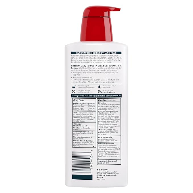 Eucerin Daily Hydration Lotion with SPF 15 - Broad Spectrum Body Lotion for Dry Skin - 16.9 fl. Oz. Pump Bottle (Pack of 3)