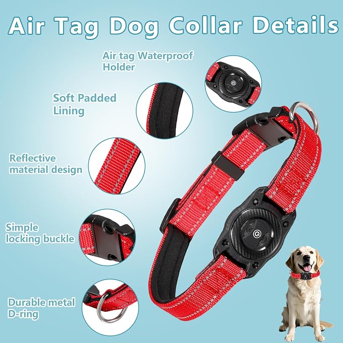 Reflective Tracker Dog Collar, Waterproof Dog Collar Tracking for Apple Find My (iOS Only) Smart Tracker Pet Collar for Small Medium Large Dogs (Red, M)