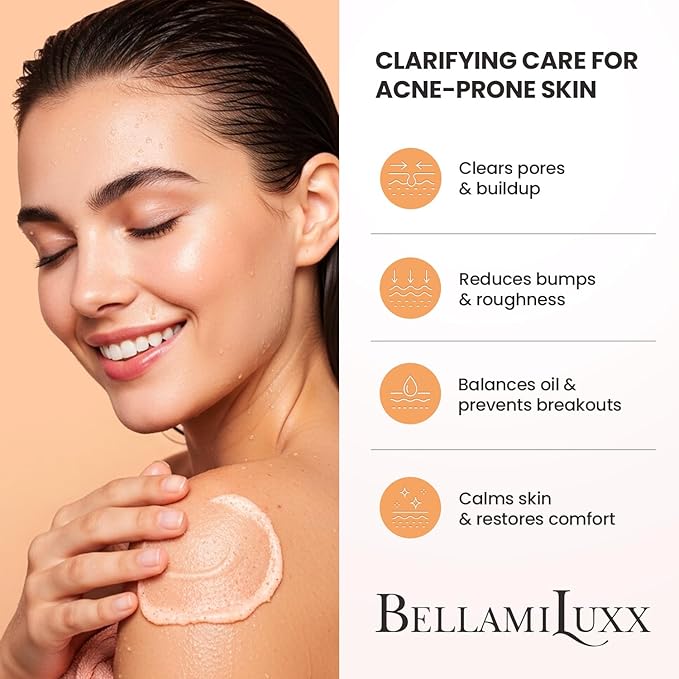 BellamiLuxx Body Acne Treatment Scrub: Helps Reduce Body Breakouts on Back, Chest, Butt & Thighs - Back Acne Treatment for Men, Women & Teens - Butt Acne Wash with Natural Actives for Smooth Skin