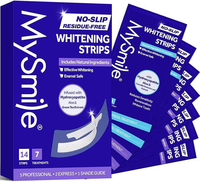 MySmile Teeth Whitening Strips, Hydroxyapatite-Infuse White Strips, Non-Sensitive Teeth Whitening with Soothing Natural Ingredients, Enamel-Safe, Residue-Free, Non-Slip, 7 Treatments Kit