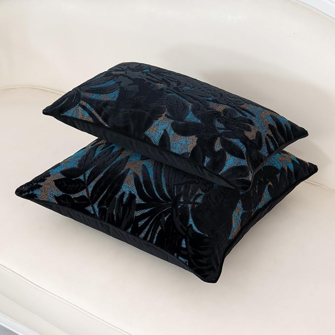 Alerfa Black Throw Pillow Cover 18x18 Inch, Square Cut Velvet Maple Leaf Embroidery Luxury Farmhosue Accent Decorative Pillow Cover for Couch Living Room Bedroom