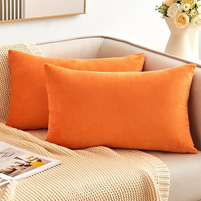 Fall Bright Orange Throw Pillow Covers Decorative Velvet Set of 2 12x20 Inch Pillow Covers, Lumbar Pillowcases for Couch Sofa Bed Living Room, Farmhouse Boho Decor, Accent Cushion Cover