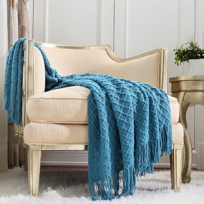 CREVENT Boho Crochet Throw Blanket for Couch Sofa Chair Bed Decoration, Gift Idea for Girlfriend Mom Birthday, Soft Warm Cozy Light Weight for Spring Summer (50''X60'' Turquoise/Dark Teal)